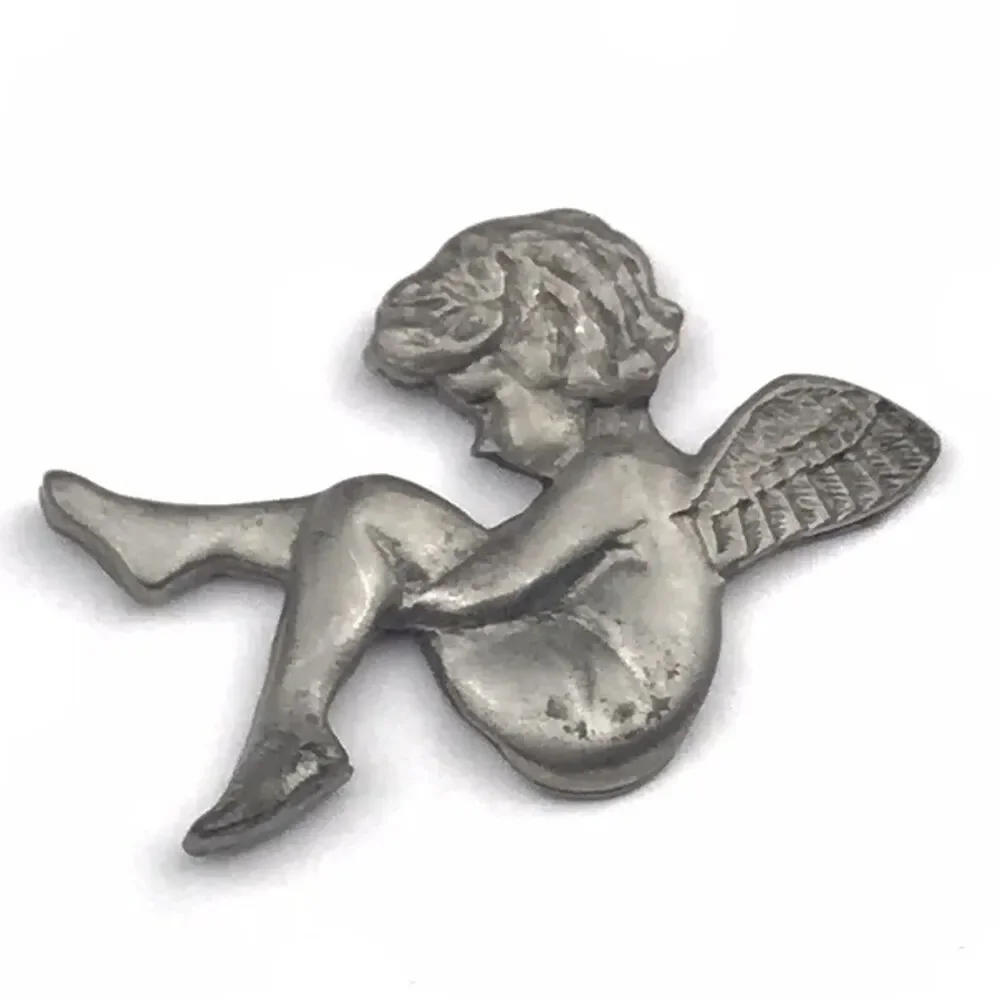 Pewter Angel  Brooch Pin Vintage Marked Signed Valentines Cherub